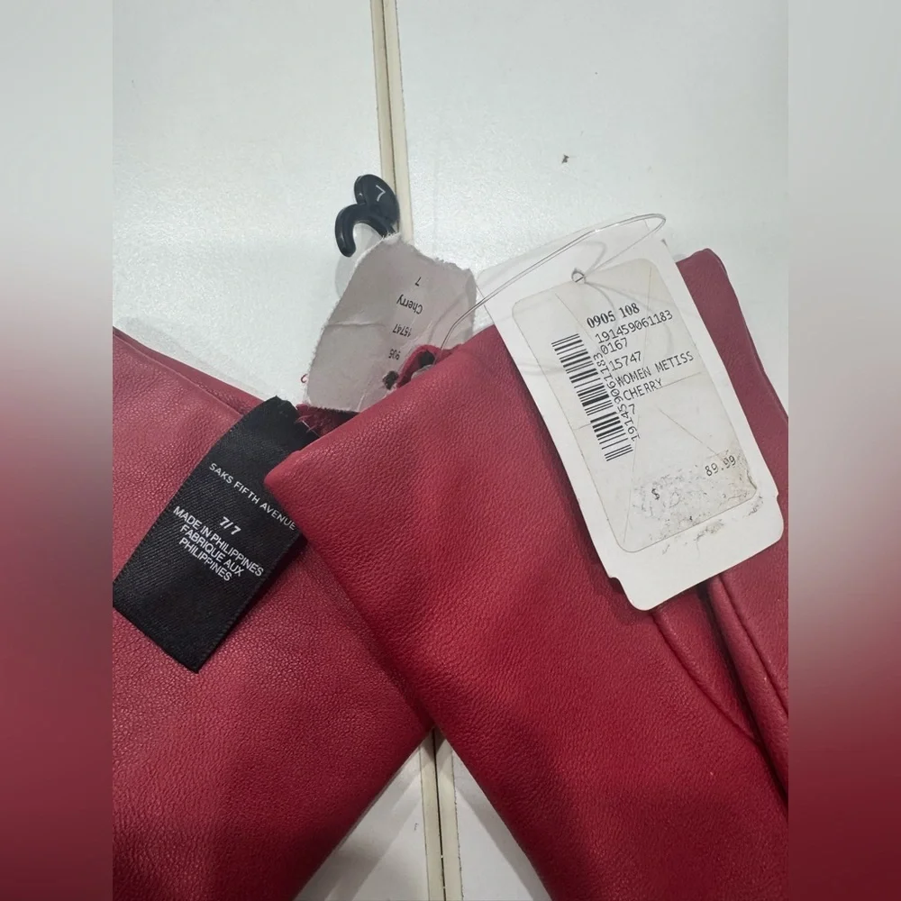 Women’s Saks Fifth Avenue Metisse Cherry Leather Cashmere Lined Gloves Sz 7 NWT